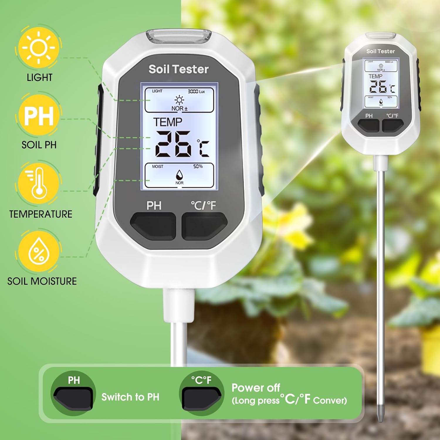 4-in-1 Soil Meter — Moisture, pH, Temperature and Light, LCD