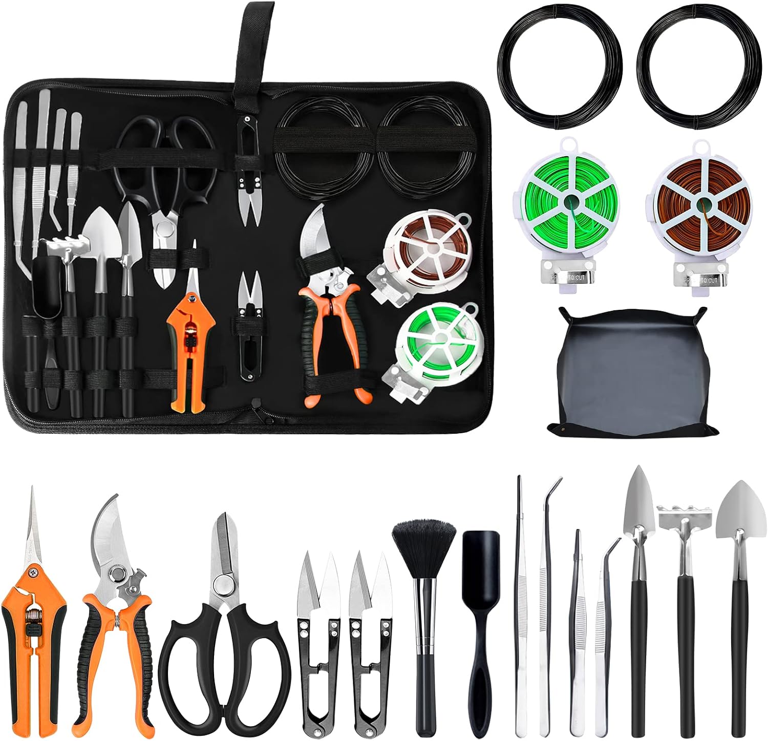 Bonsai Tool Kit — 20 Pieces, with Wire, Repotting Mat and Bag