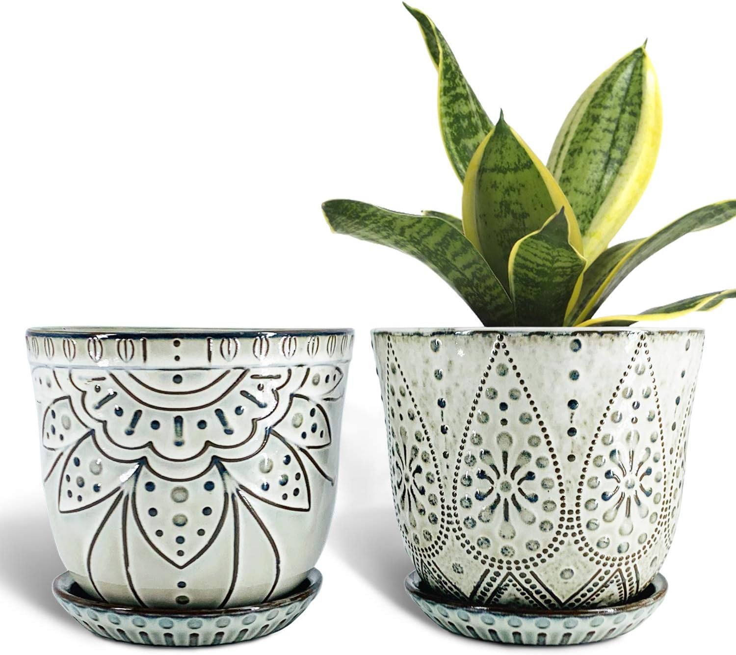 Ceramic Plant Pots with Saucers — Set of 2, 6 in, Mesh Pads Included