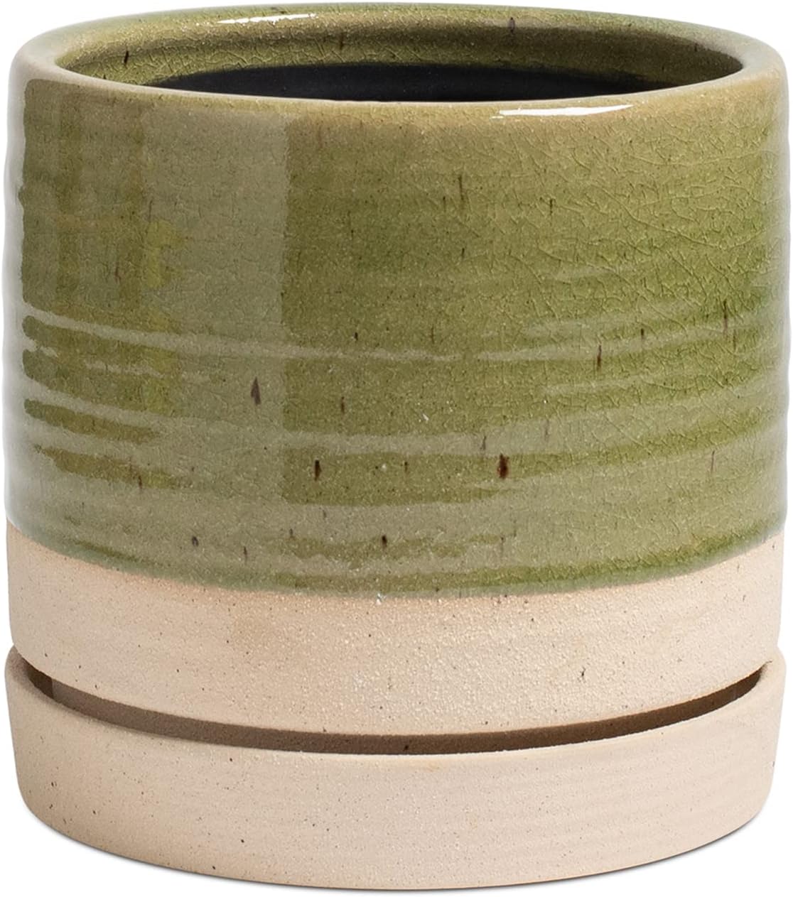Cylinder Ceramic Planter with Saucer — 6 in, Green and Beige