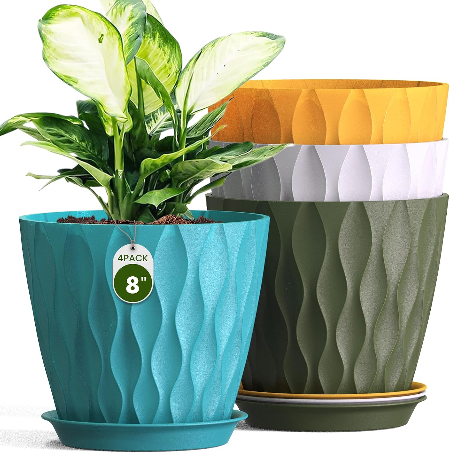 Ripple-Texture Plastic Pots with Saucers — Set of 4, 8 in