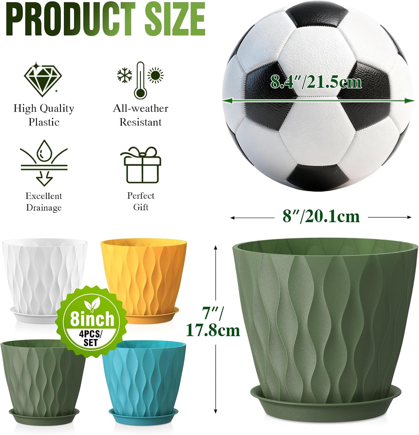 Ripple-Texture Plastic Pots with Saucers — Set of 4, 8 in