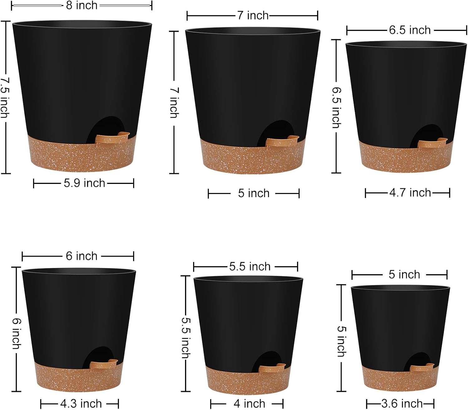 Self-Watering Planters — Set of 6, 5 to 8 in, Black