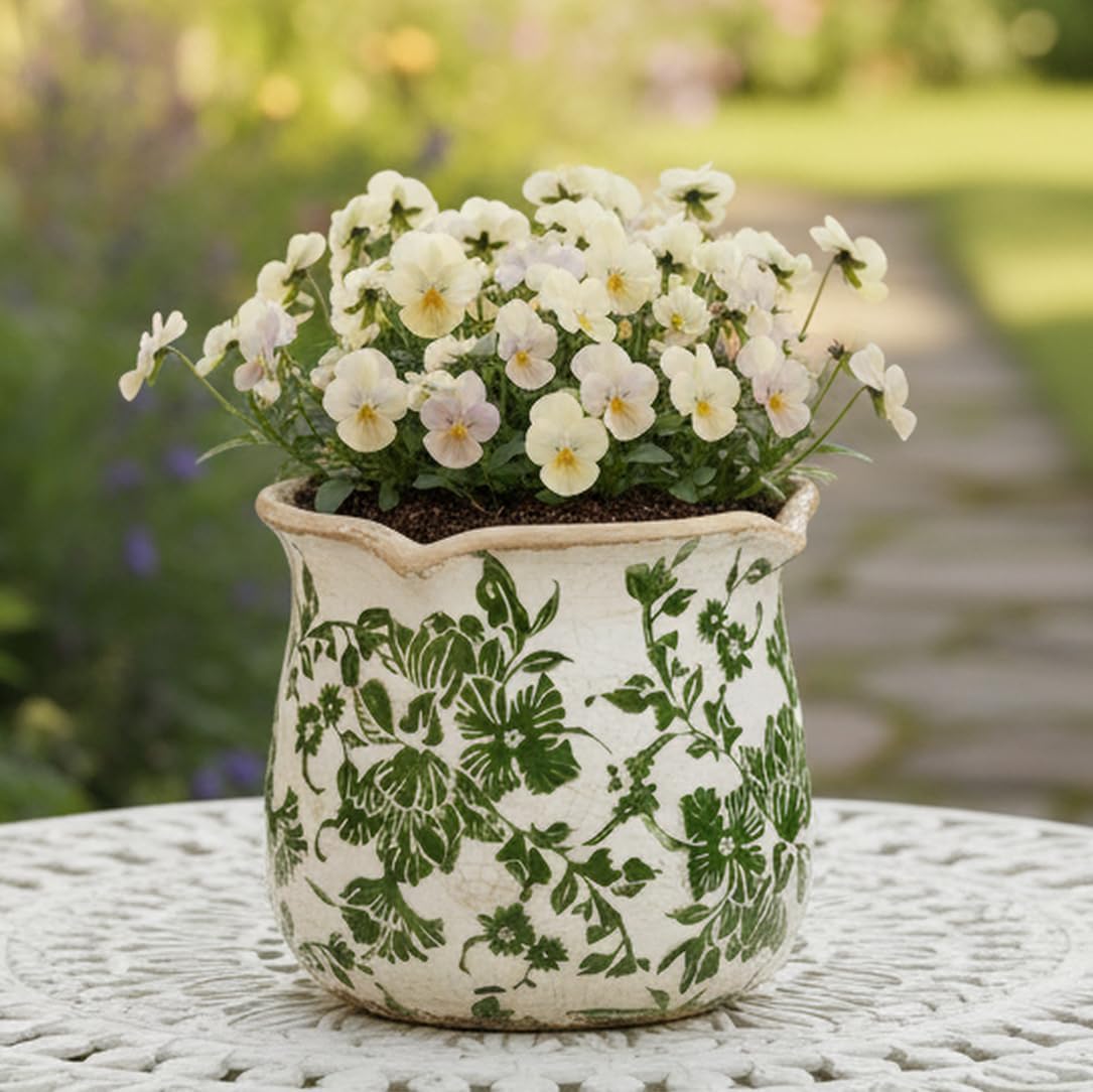Tuscan-Style Ceramic Planter Vase — 6.1 in, Green, with Drainage